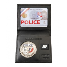 Porte-carte Police 2 volets avec médaille et grade, cuir véritable